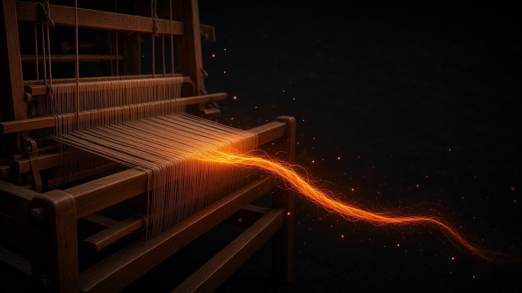 A wooden loom with one glowing thread leaving the warp