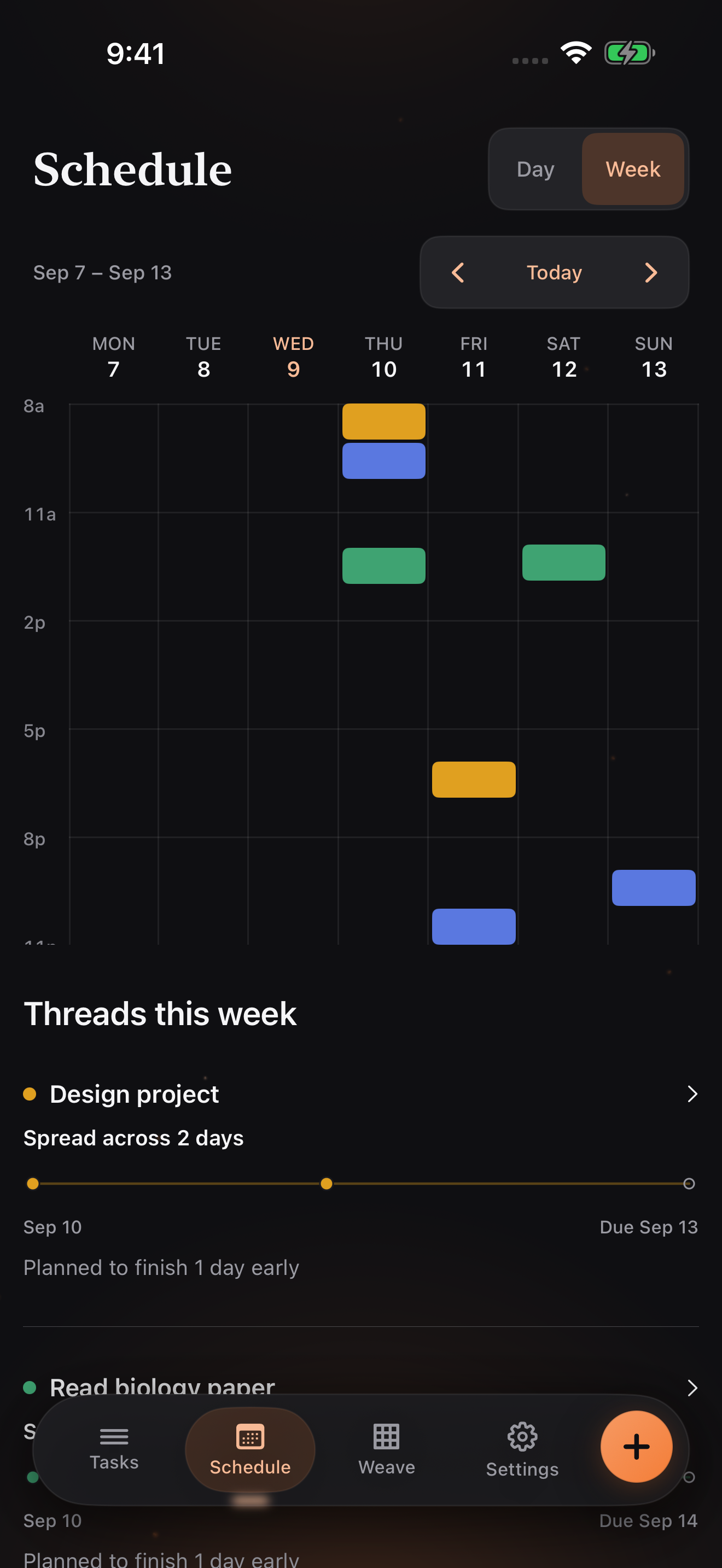 The weekly schedule, with work sessions placed across the week