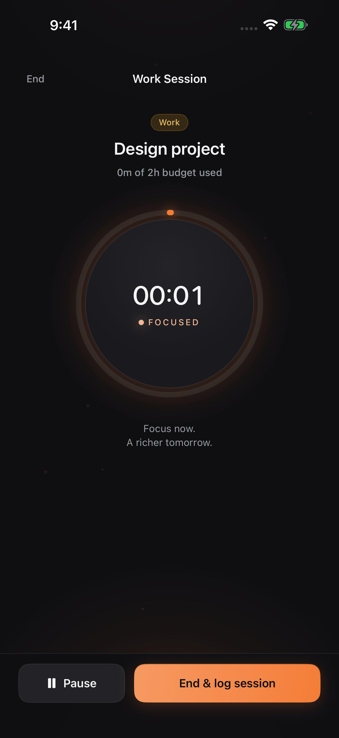 A Filuma focus session: a quiet timer inside a warm ember ring