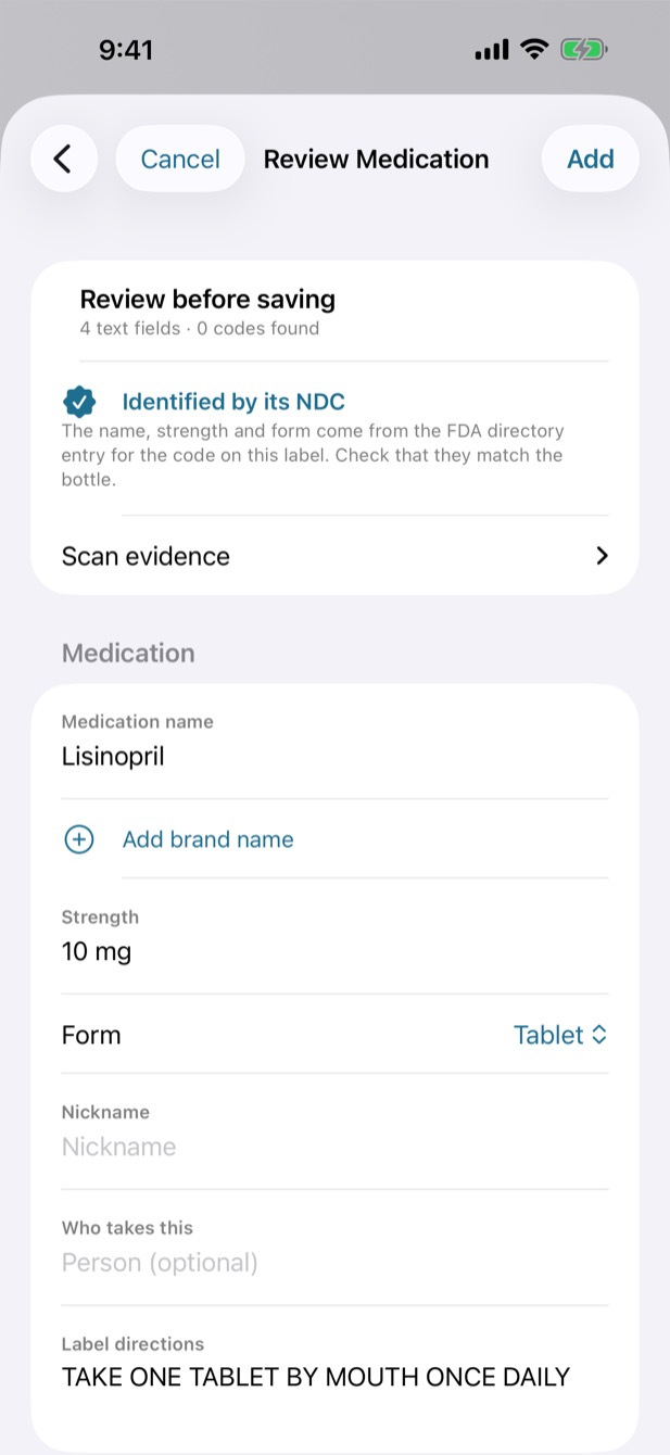 Review Medication after a scan: identified by its NDC, with the name Lisinopril, strength 10 mg and form Tablet from the FDA directory, to check against the bottle before adding